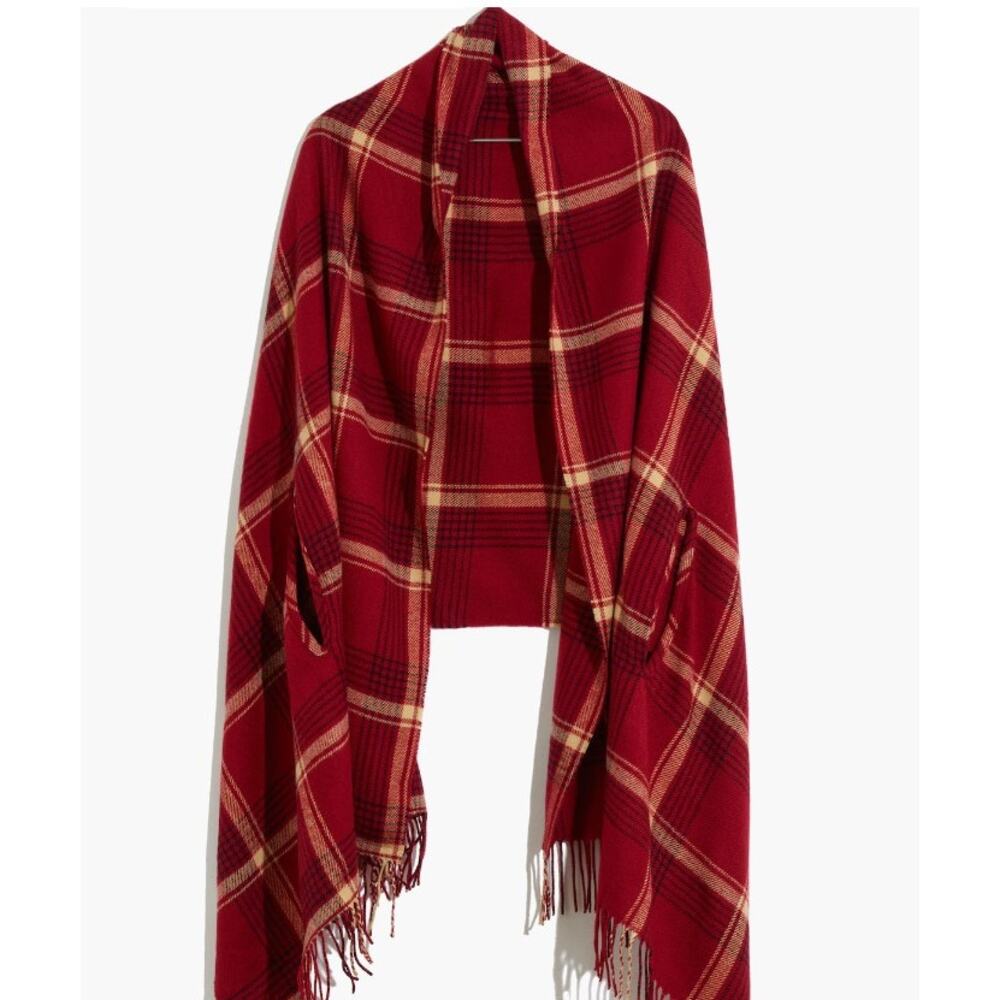 Madewell Red Tartan Plaid Cape Scarf Shawl Ruana - Picture 2 of 12